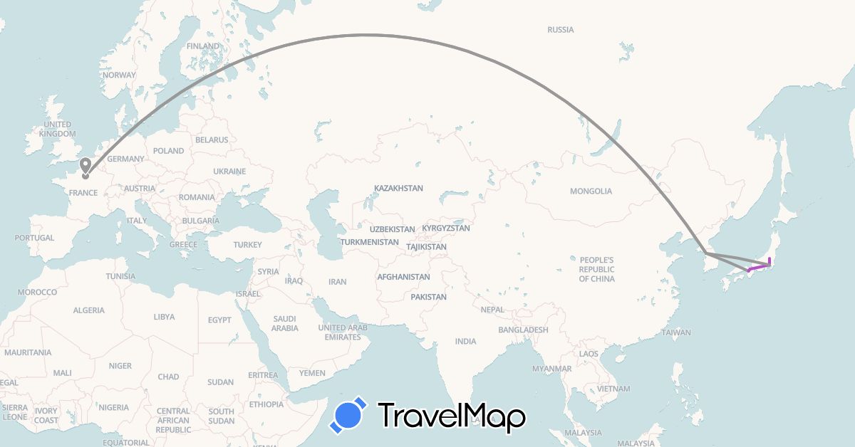 TravelMap itinerary: plane, train in France, Japan, South Korea (Asia, Europe)
